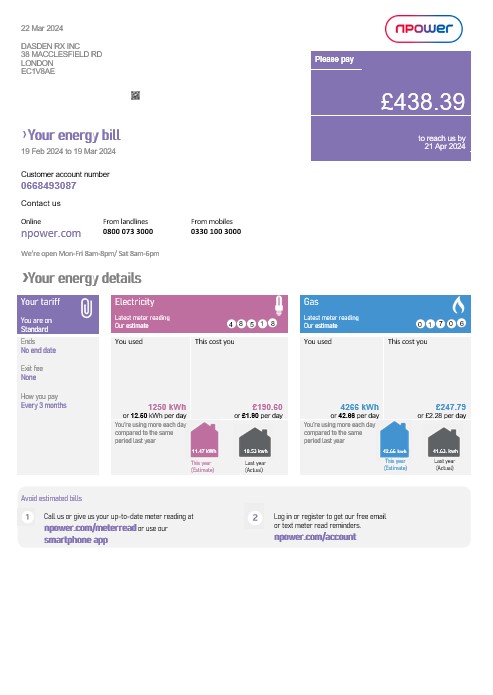 United Kingdom Npower business utility bill template in Word and PDF formats